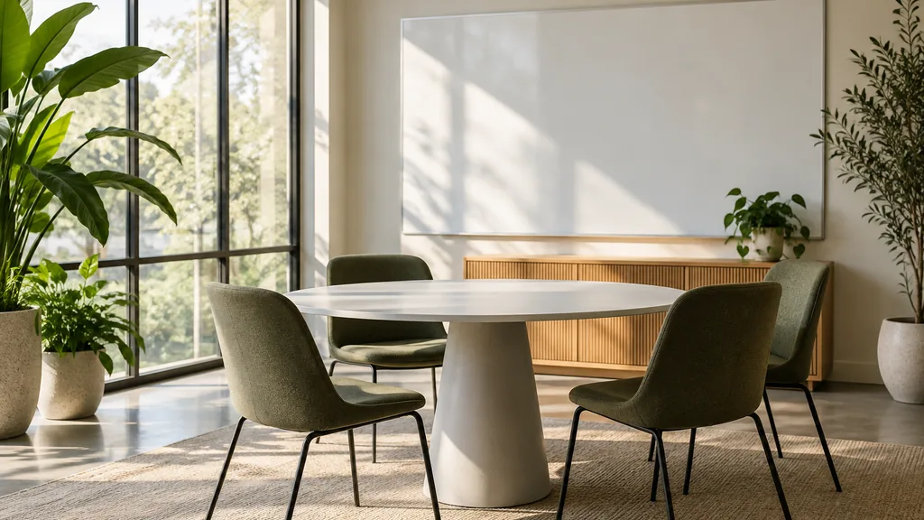 Office setting: a modern meeting room with green plants, a round white table, four chairs, a blank whiteboard and soft Southern morning light