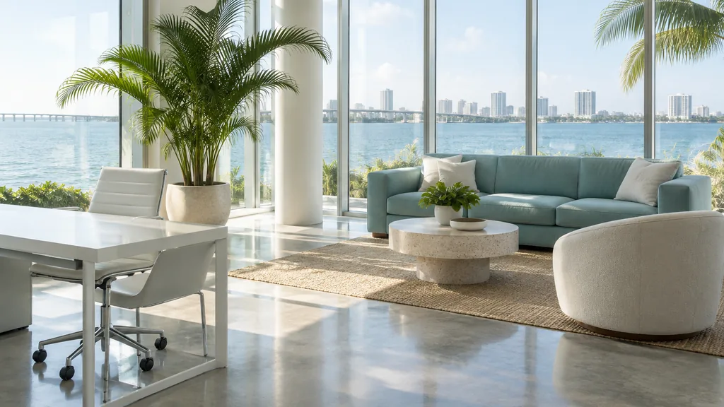Office setting: an airy waterfront office with white furniture, a pale teal sofa, a potted palm and bright Florida light on polished concrete floors