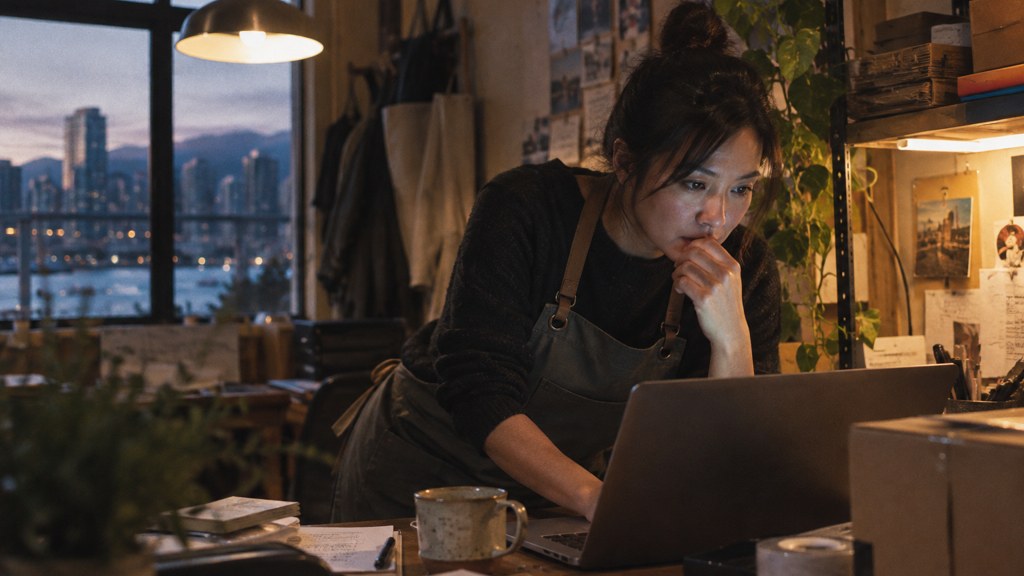 A small-business owner in an apron leaning over a laptop on a cluttered back-office desk late in the day, photographed in Vancouver