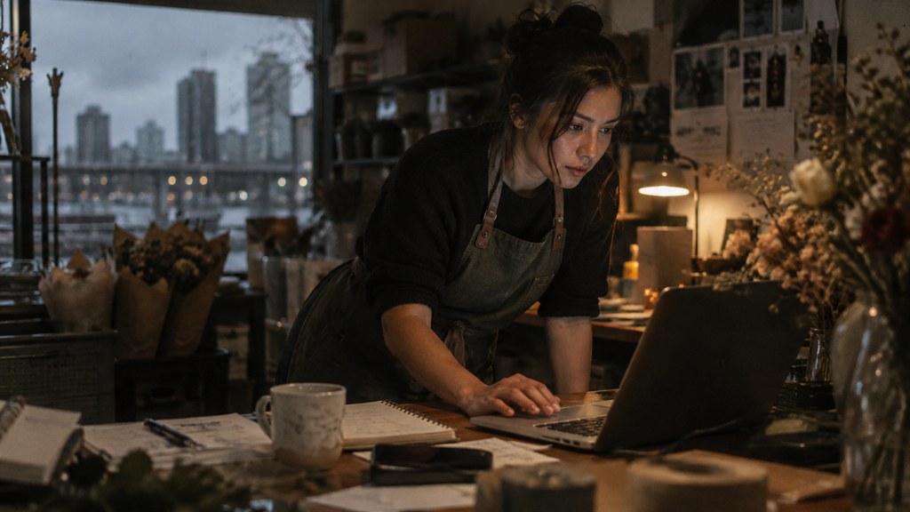 A small-business owner in an apron leaning over a laptop on a cluttered back-office desk late in the day, photographed in Vancouver