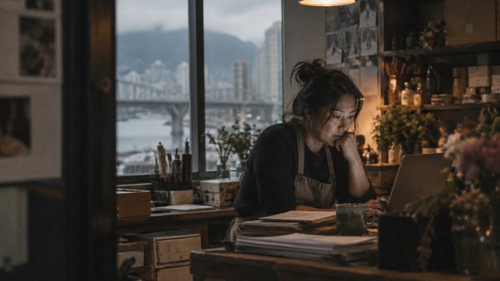 A small-business owner in an apron leaning over a laptop on a cluttered back-office desk late in the day, photographed in Vancouver