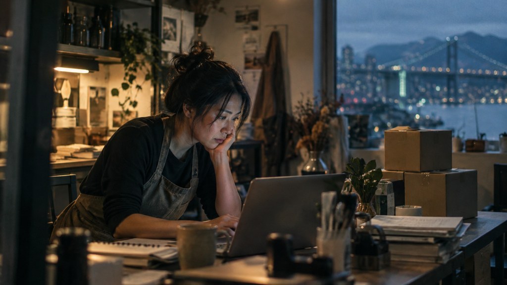 A small-business owner in an apron leaning over a laptop on a cluttered back-office desk late in the day, photographed in Vancouver