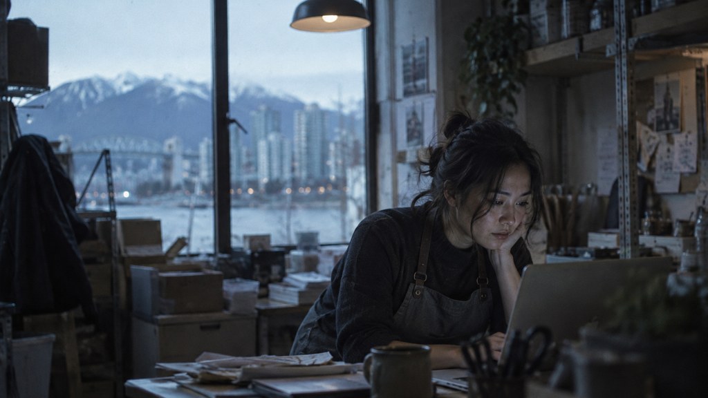 A small-business owner in an apron leaning over a laptop on a cluttered back-office desk late in the day, photographed in Vancouver