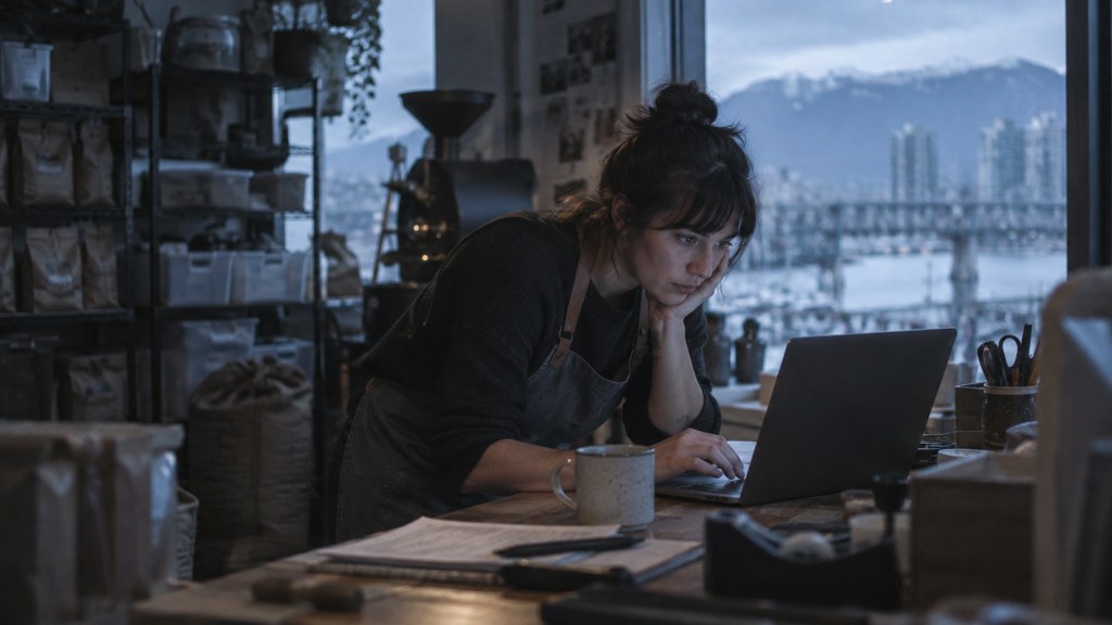 A small-business owner in an apron leaning over a laptop on a cluttered back-office desk late in the day, photographed in Vancouver