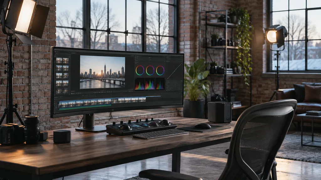 Video production setting for a Detroit YouTube advertising agency: a video editing suite in a converted brick factory loft with a large calibrated monitor showing a colour grading wheel, studio lights on stands and clear winter daylight through steel-framed windows