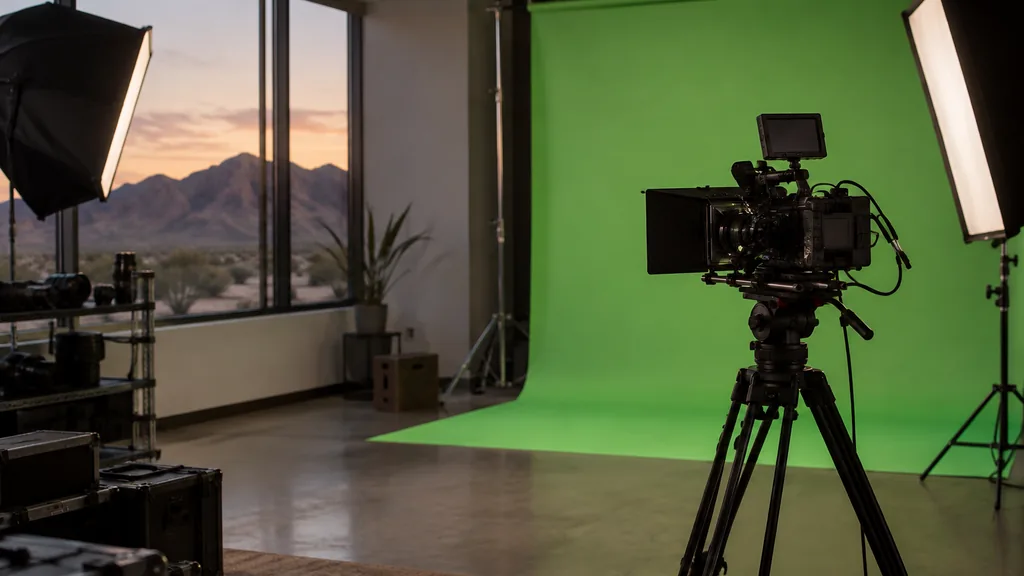 Video production setting for a Las Vegas YouTube advertising agency: a small film studio with a green screen, a cinema camera on a tripod, softbox lights and a view of desert mountains at dusk through a side window