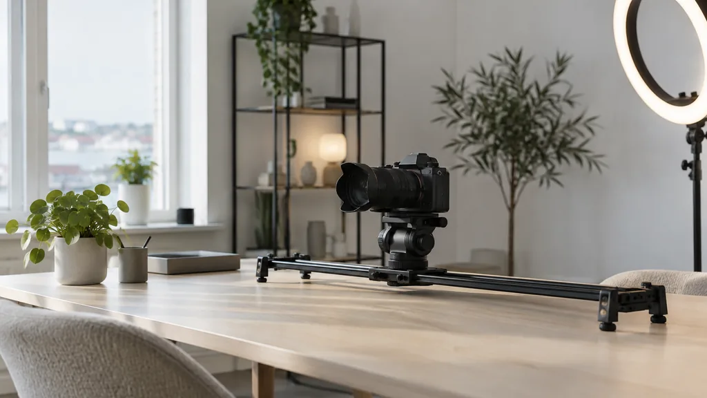 Video production setting for a Minneapolis YouTube advertising agency: a Scandinavian-style production room with a light ash desk, a camera on a slider, a ring light and crisp northern daylight on white walls