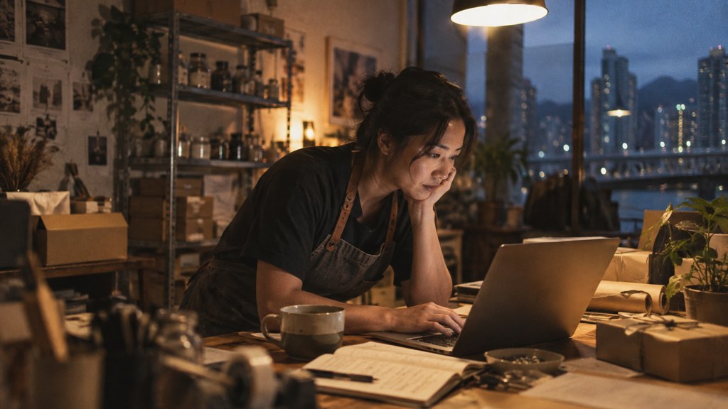 A small-business owner in an apron leaning over a laptop on a cluttered back-office desk late in the day, photographed in Vancouver