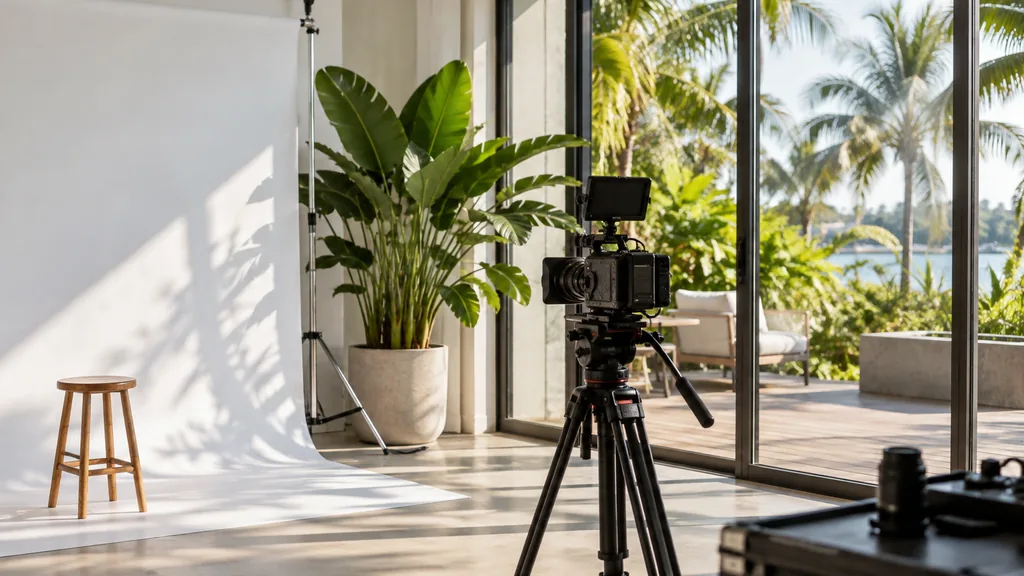 Video production setting for a Orlando YouTube advertising agency: a bright creative studio with a white cyclorama wall, a cinema camera, a tropical plant and warm Florida afternoon light through wide glass doors