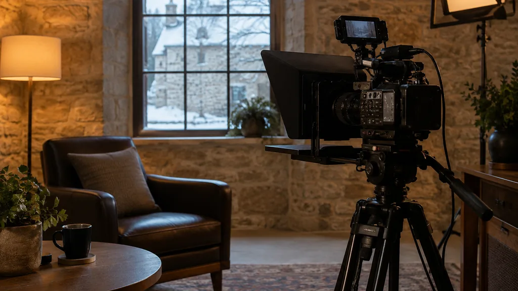 Video production setting for a Ottawa YouTube advertising agency: a compact video studio in a heritage stone building with a camera on a tripod, a teleprompter, warm practical lamps and soft snowy daylight