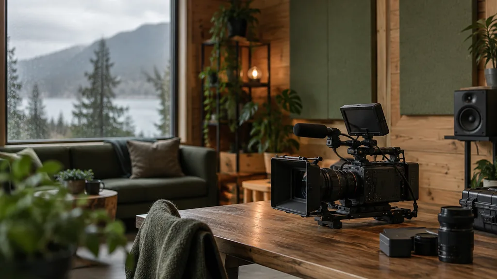 Video production setting for a Portland YouTube advertising agency: a cosy production studio with timber walls, a camera rig on a table, moss-green acoustic panels and soft rainy Pacific Northwest light