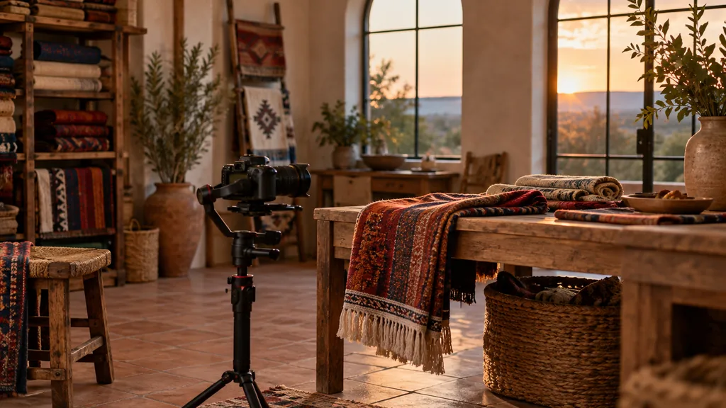 Video production setting for a San Antonio YouTube advertising agency: a production room with terracotta tiles, a camera on a gimbal, colourful woven textiles and warm Texas evening light through arched windows