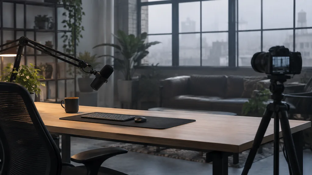 Video production setting for a San Francisco YouTube advertising agency: a minimalist startup studio with a birch desk, a mirrorless camera on a tripod, a microphone arm and cool foggy daylight through factory windows
