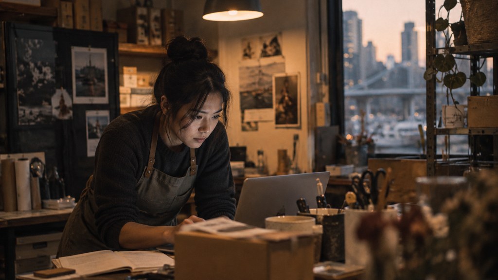 A small-business owner in an apron leaning over a laptop on a cluttered back-office desk late in the day, photographed in Vancouver