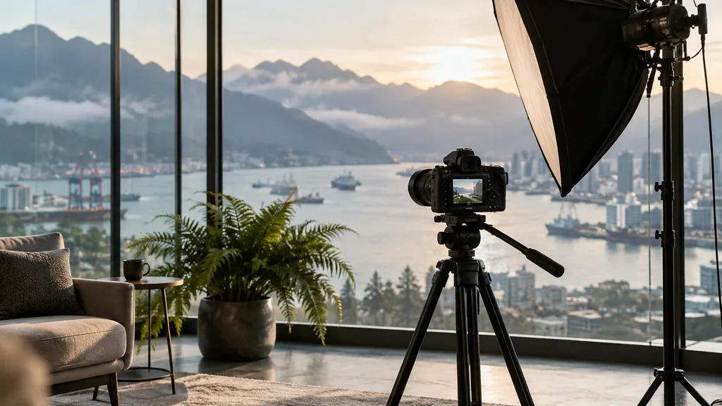 Video production setting for a Vancouver YouTube advertising agency: a glass-walled production studio with a camera on a tripod, a softbox light, a potted fern and misty mountain and harbour light outside