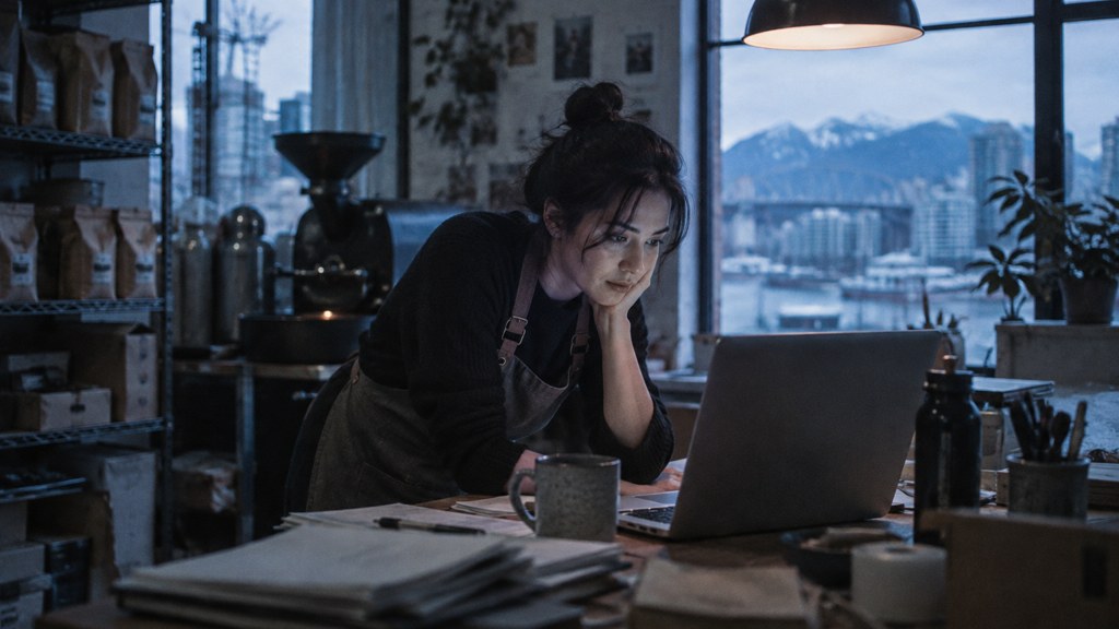 A small-business owner in an apron leaning over a laptop on a cluttered back-office desk late in the day, photographed in Vancouver
