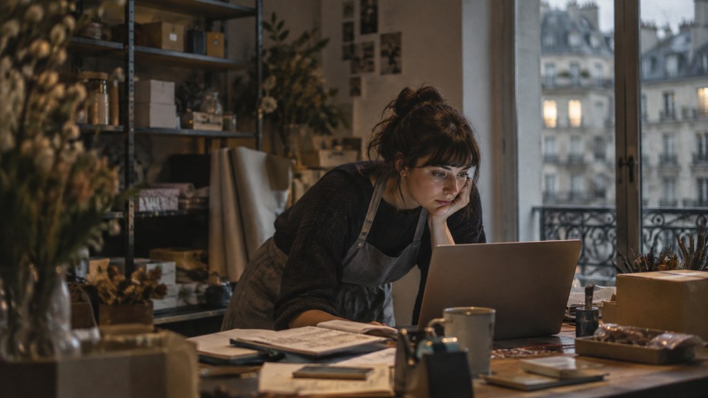 A small-business owner in an apron leaning over a laptop on a cluttered back-office desk late in the day, photographed in Paris
