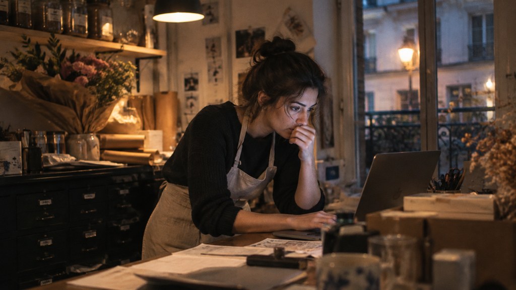 A small-business owner in an apron leaning over a laptop on a cluttered back-office desk late in the day, photographed in Paris