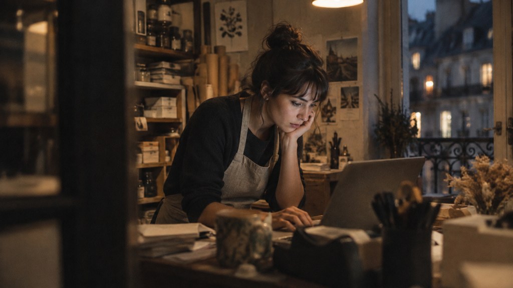A small-business owner in an apron leaning over a laptop on a cluttered back-office desk late in the day, photographed in Paris