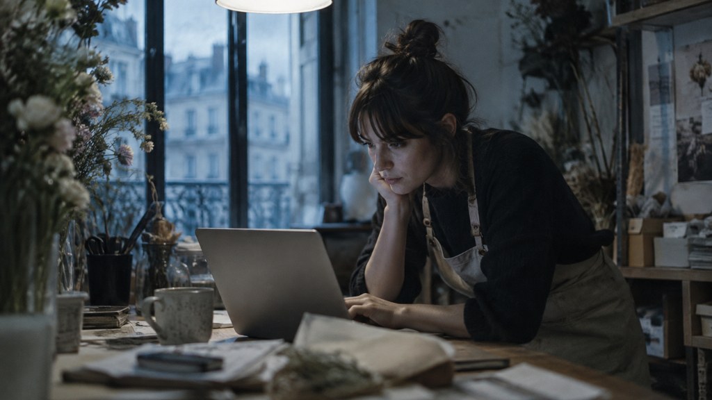 A small-business owner in an apron leaning over a laptop on a cluttered back-office desk late in the day, photographed in Paris