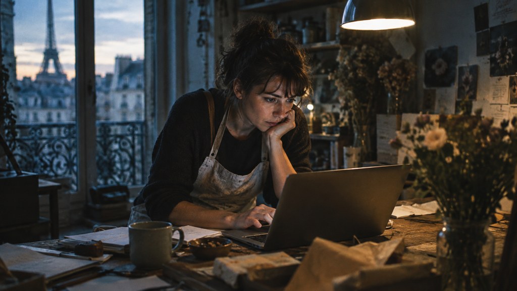 A small-business owner in an apron leaning over a laptop on a cluttered back-office desk late in the day, photographed in Paris