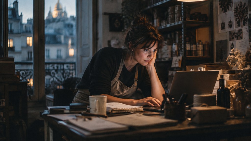 A small-business owner in an apron leaning over a laptop on a cluttered back-office desk late in the day, photographed in Paris