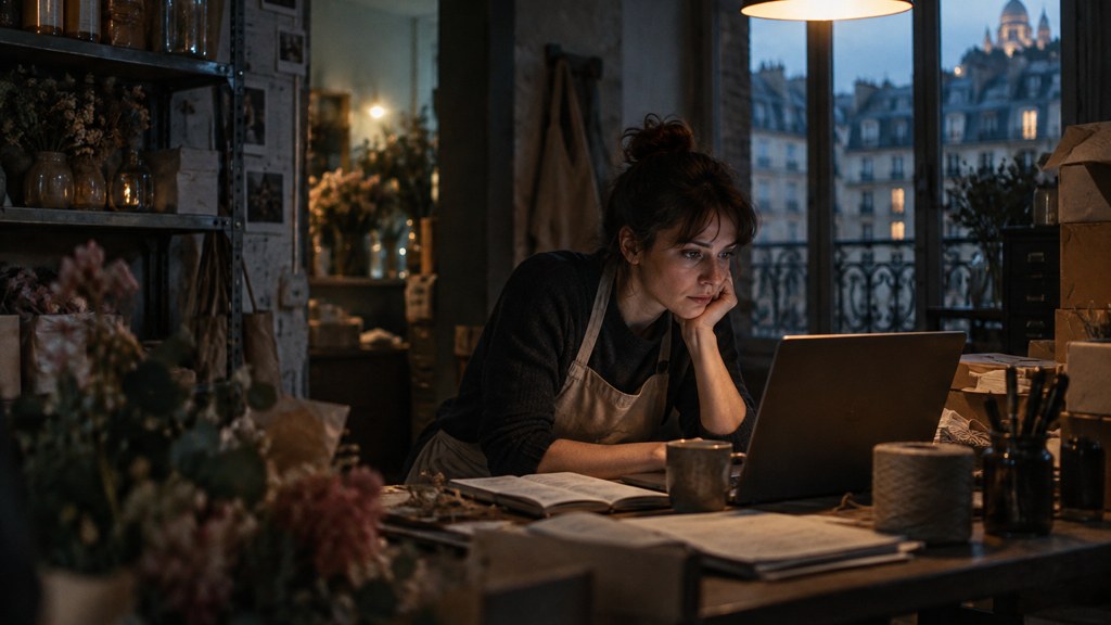 A small-business owner in an apron leaning over a laptop on a cluttered back-office desk late in the day, photographed in Paris