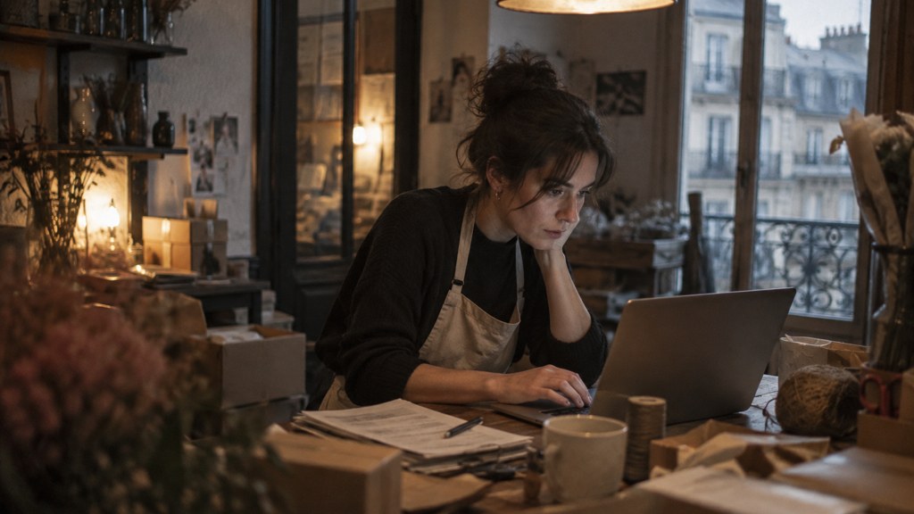 A small-business owner in an apron leaning over a laptop on a cluttered back-office desk late in the day, photographed in Paris
