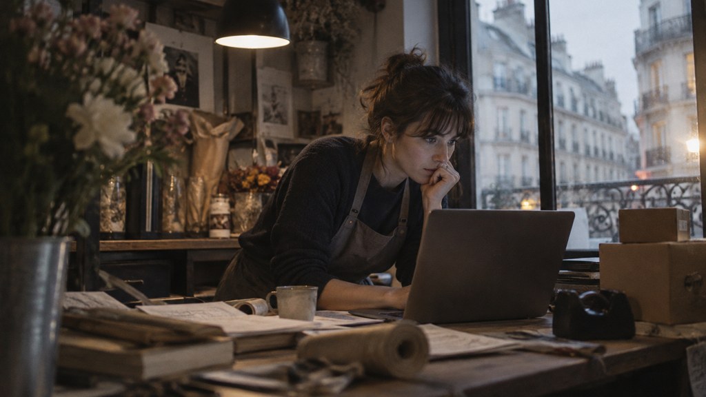 A small-business owner in an apron leaning over a laptop on a cluttered back-office desk late in the day, photographed in Paris