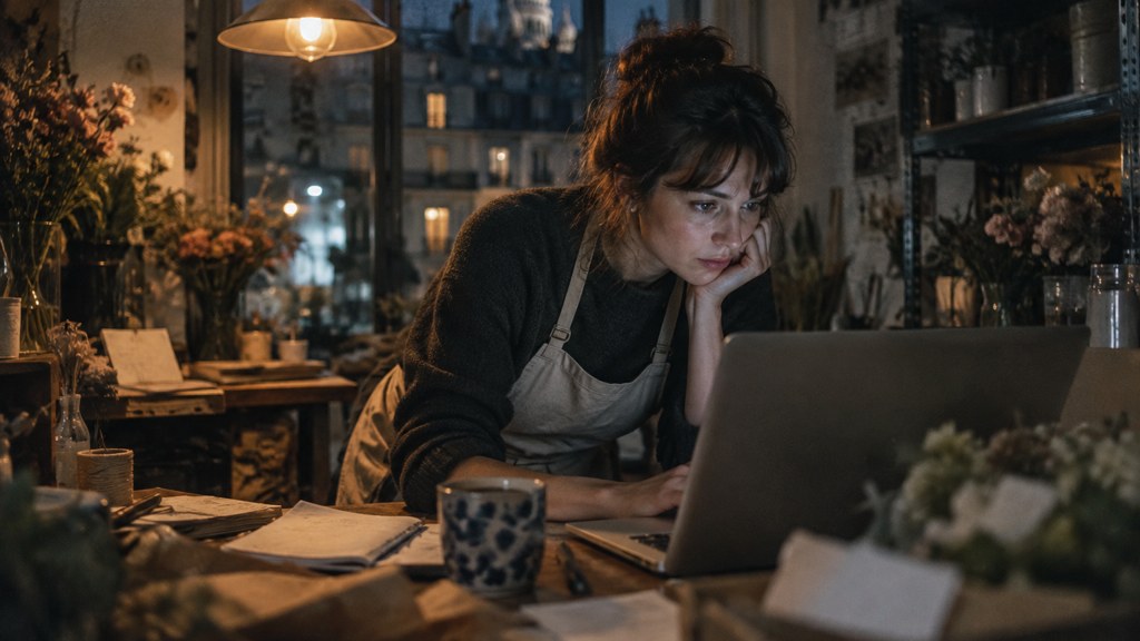 A small-business owner in an apron leaning over a laptop on a cluttered back-office desk late in the day, photographed in Paris