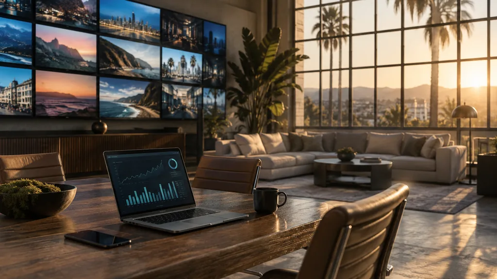 Media buying setting for a Los Angeles programmatic and CTV agency: a media buying room in a converted Hollywood studio with a large wall of streaming TV screens, a laptop with charts, palm shadows and warm late-afternoon California light