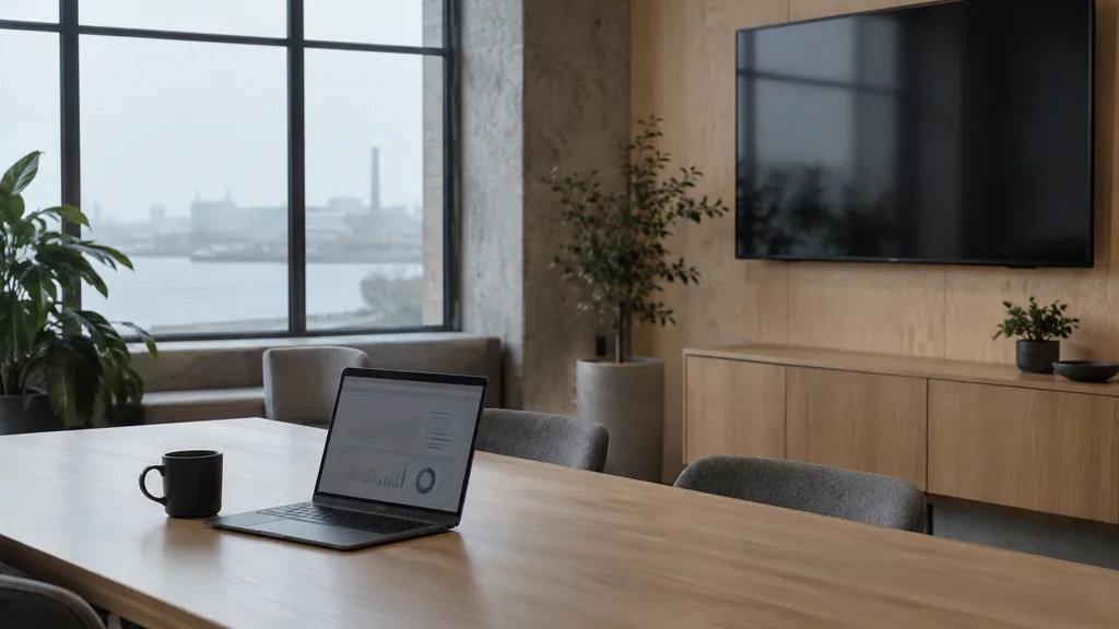 Media buying setting for a San Francisco programmatic and CTV agency: a minimalist startup office with a smart TV on a birch wall, a laptop showing a dashboard, a coffee cup and cool foggy daylight through factory windows
