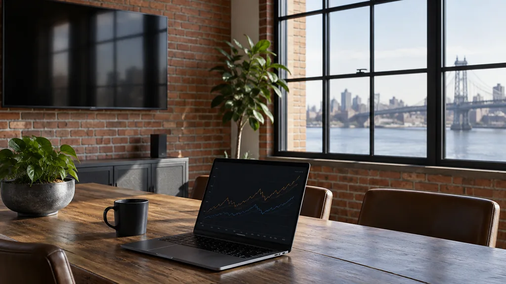 Media buying setting for a Chicago programmatic and CTV agency: a brick-walled loft office with a wall-mounted TV, a laptop with line charts, steel windows and crisp winter daylight over a river