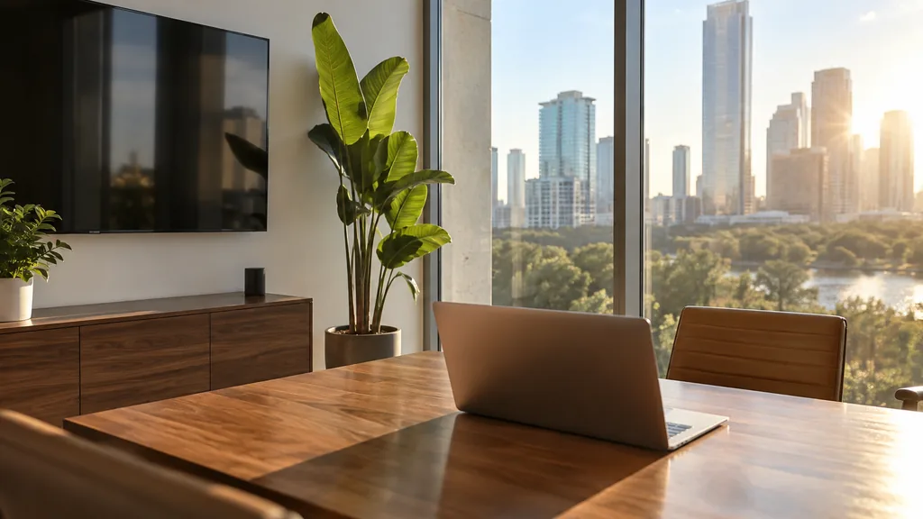 Media buying setting for a Houston programmatic and CTV agency: a modern glass office with a large TV screen, a laptop on a wooden desk, potted plants and bright humid Texas sunlight