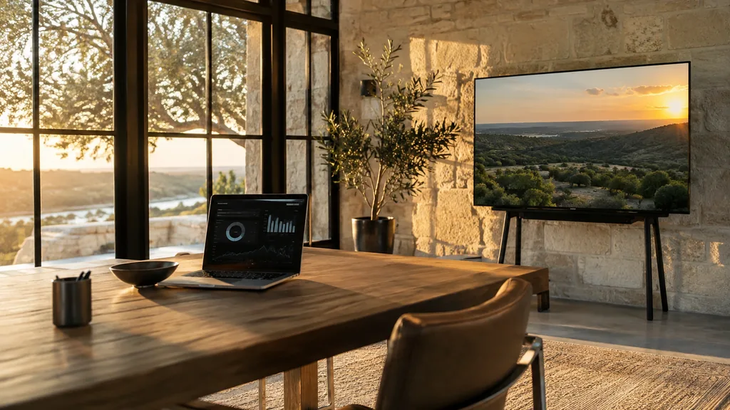 Media buying setting for a Austin programmatic and CTV agency: a creative studio with limestone walls, a smart TV on a stand, a laptop with graphs and warm golden Texas evening light