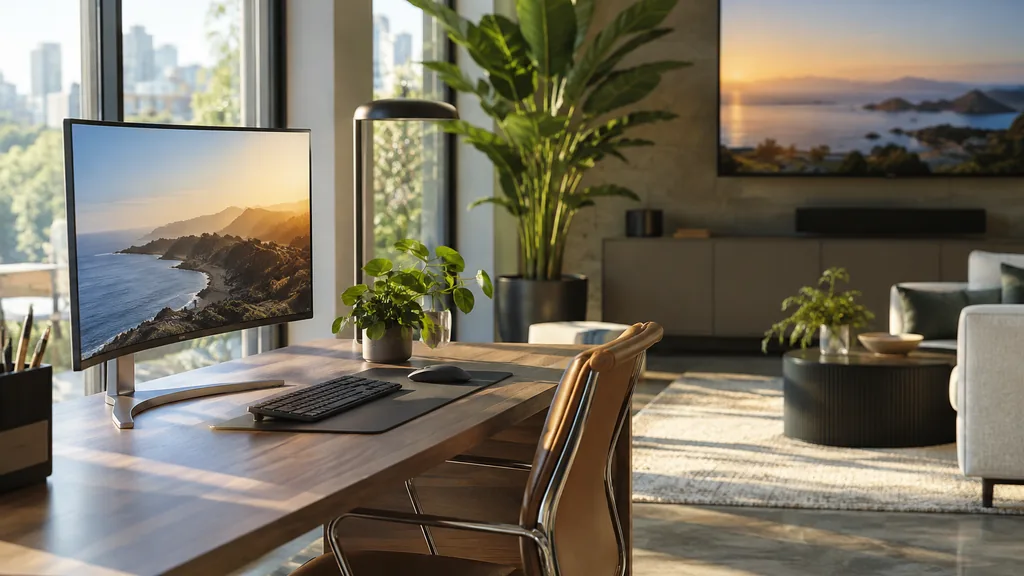 Media buying setting for a Atlanta programmatic and CTV agency: a bright media office with a curved monitor, a streaming TV on the wall, green plants and soft southern morning light through tall windows
