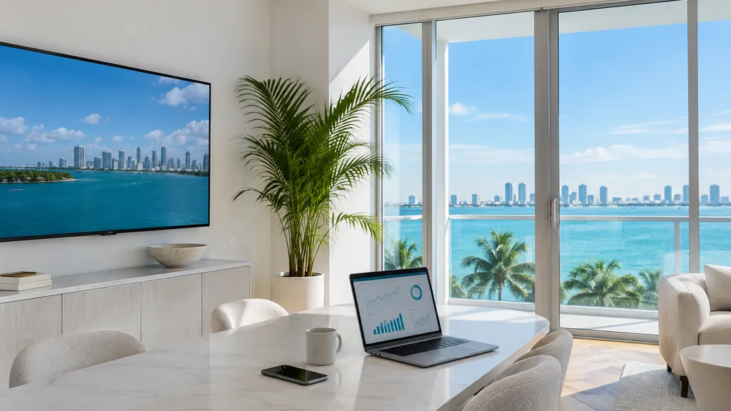 Media buying setting for a Miami programmatic and CTV agency: a white coastal office with a large TV screen, a laptop with charts, a palm plant and bright turquoise Miami light through glass doors