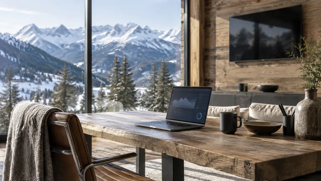 Media buying setting for a Denver programmatic and CTV agency: a mountain-view office with a TV on a timber wall, a laptop showing a dashboard, a wool throw and clear high-altitude daylight