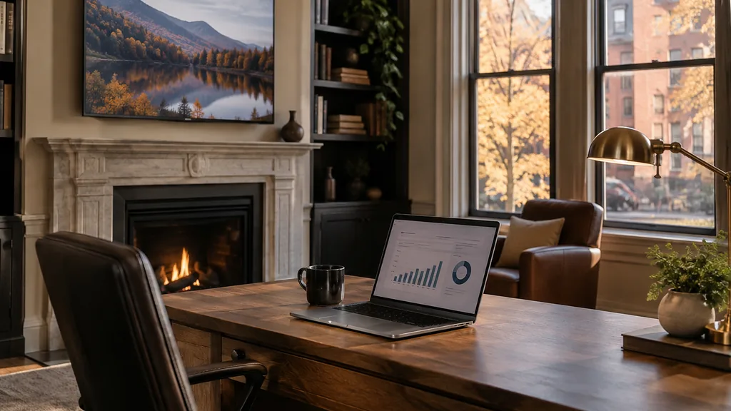 Media buying setting for a Boston programmatic and CTV agency: a brownstone office with a smart TV above a fireplace, a laptop with charts on an oak desk and soft New England autumn light