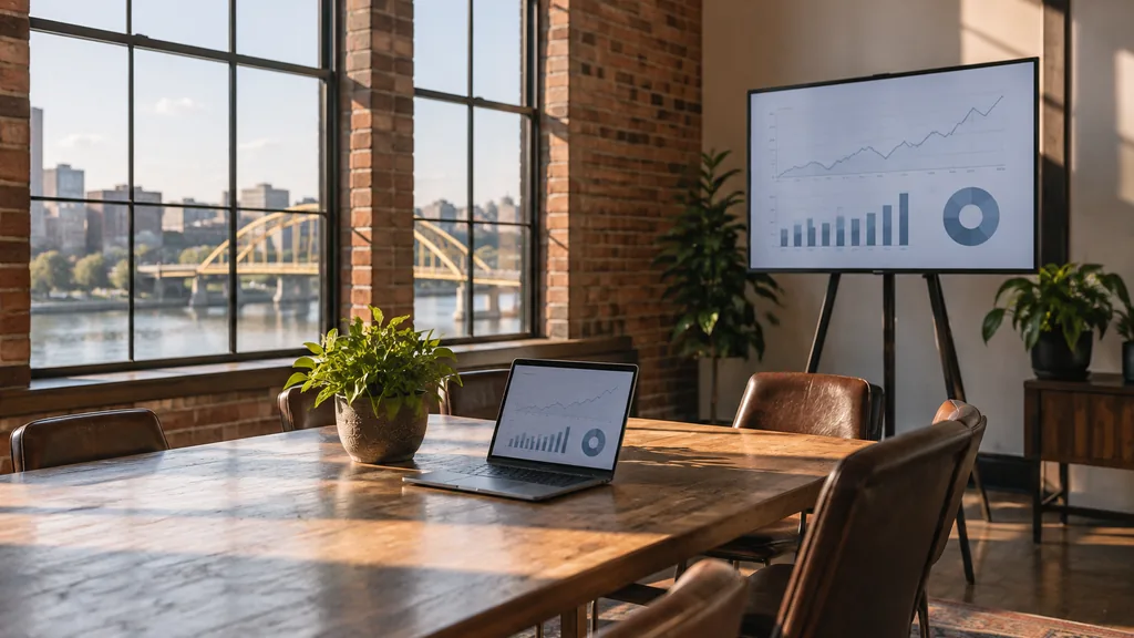 Media buying setting for a Philadelphia programmatic and CTV agency: a historic brick office with tall windows, a TV screen on an easel stand, a laptop with graphs and warm Pennsylvania afternoon light