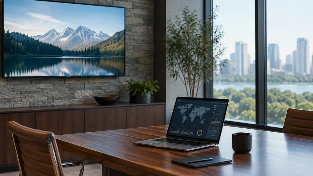 Media buying setting for a Washington DC programmatic and CTV agency: a formal office with a TV screen on a stone wall, a laptop with maps and charts on a walnut desk and clear morning light through tall windows
