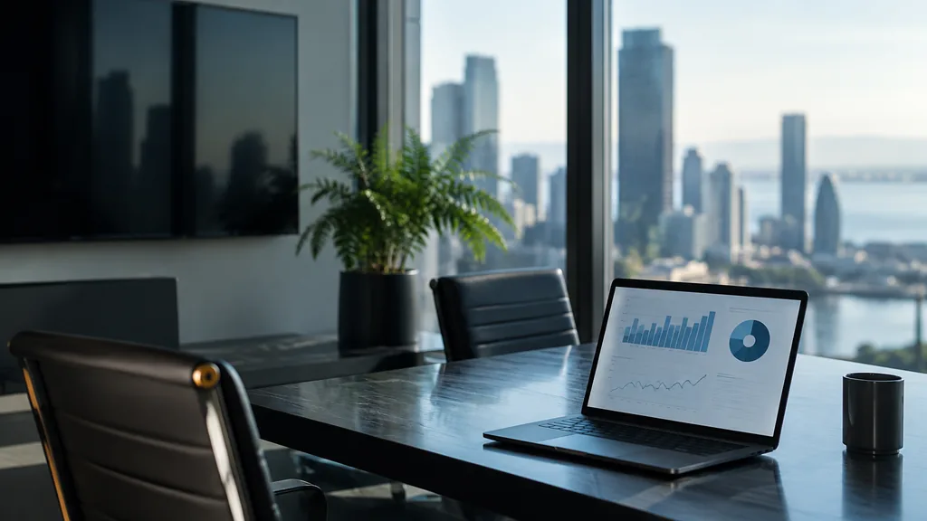 Media buying setting for a Toronto programmatic and CTV agency: a glass-walled office with a large TV screen, a laptop showing a dashboard, a potted fern and cool lake light over a city skyline blur