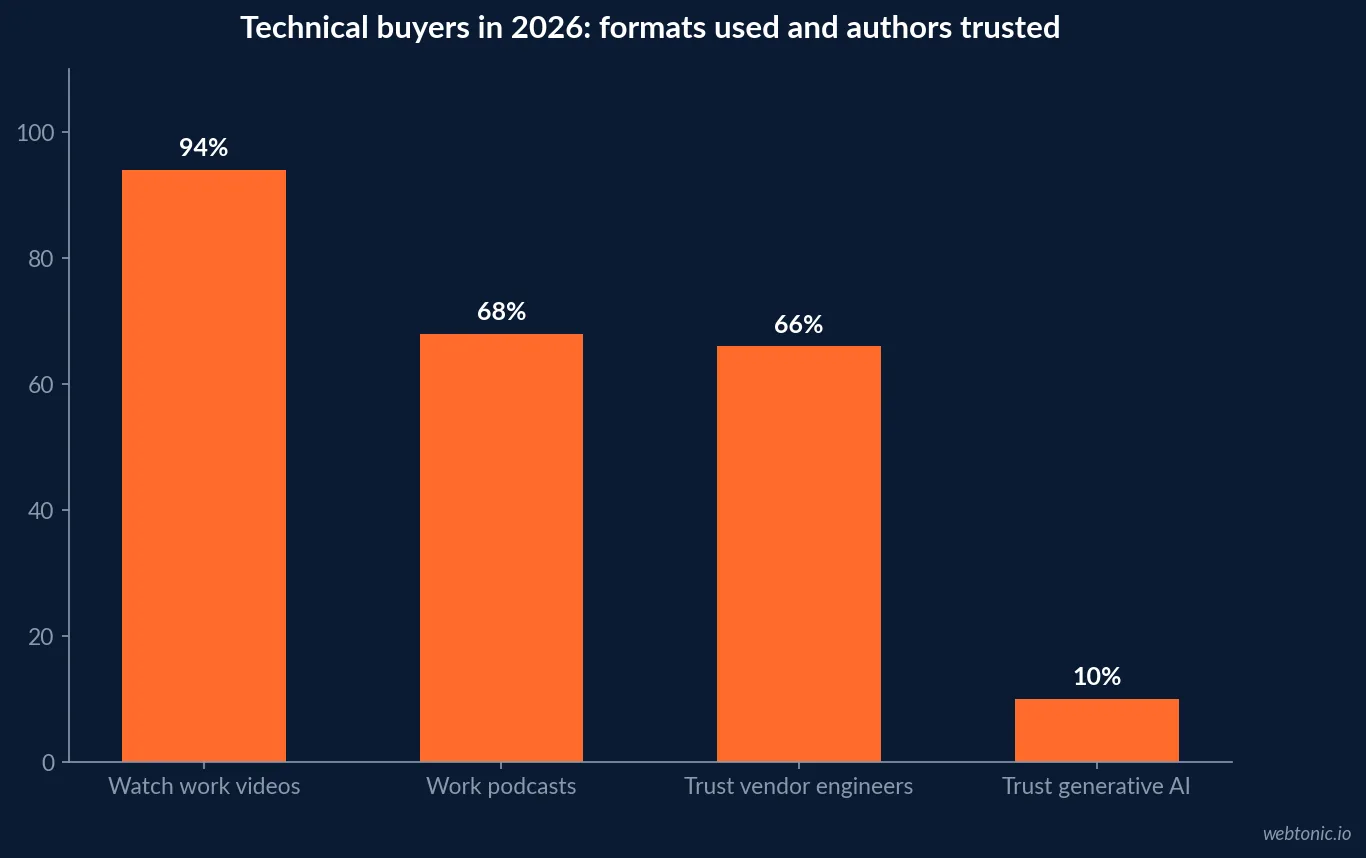 Bar chart of 2026 State of Marketing to Engineers findings showing 94 percent of technical buyers watching work videos, 68 percent listening to work podcasts, 66 percent trusting vendor engineering experts and 10 percent trusting generative AI tools
