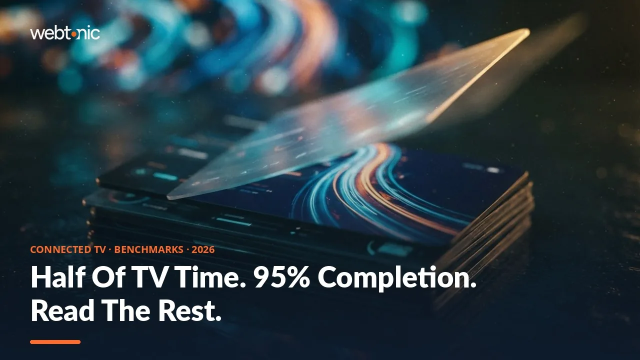 Connected TV advertising benchmarks 2026 thumbnail showing streaming at 49.0 percent of US TV viewing in July 2026 alongside VCR and CPM benchmarks