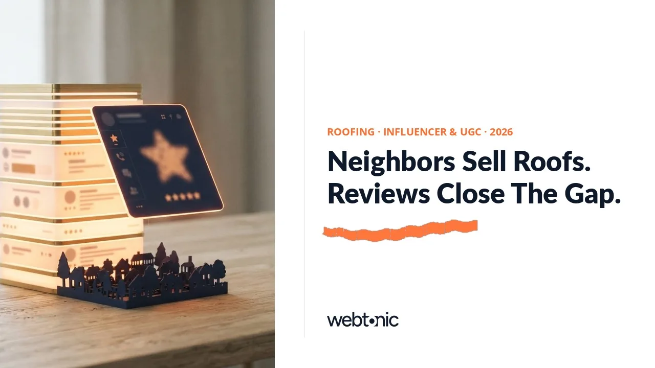 Roofing influencer and UGC marketing data 2026 thumbnail showing 74 percent of homeowners following a personal recommendation and 62 percent rating online reviews highly important