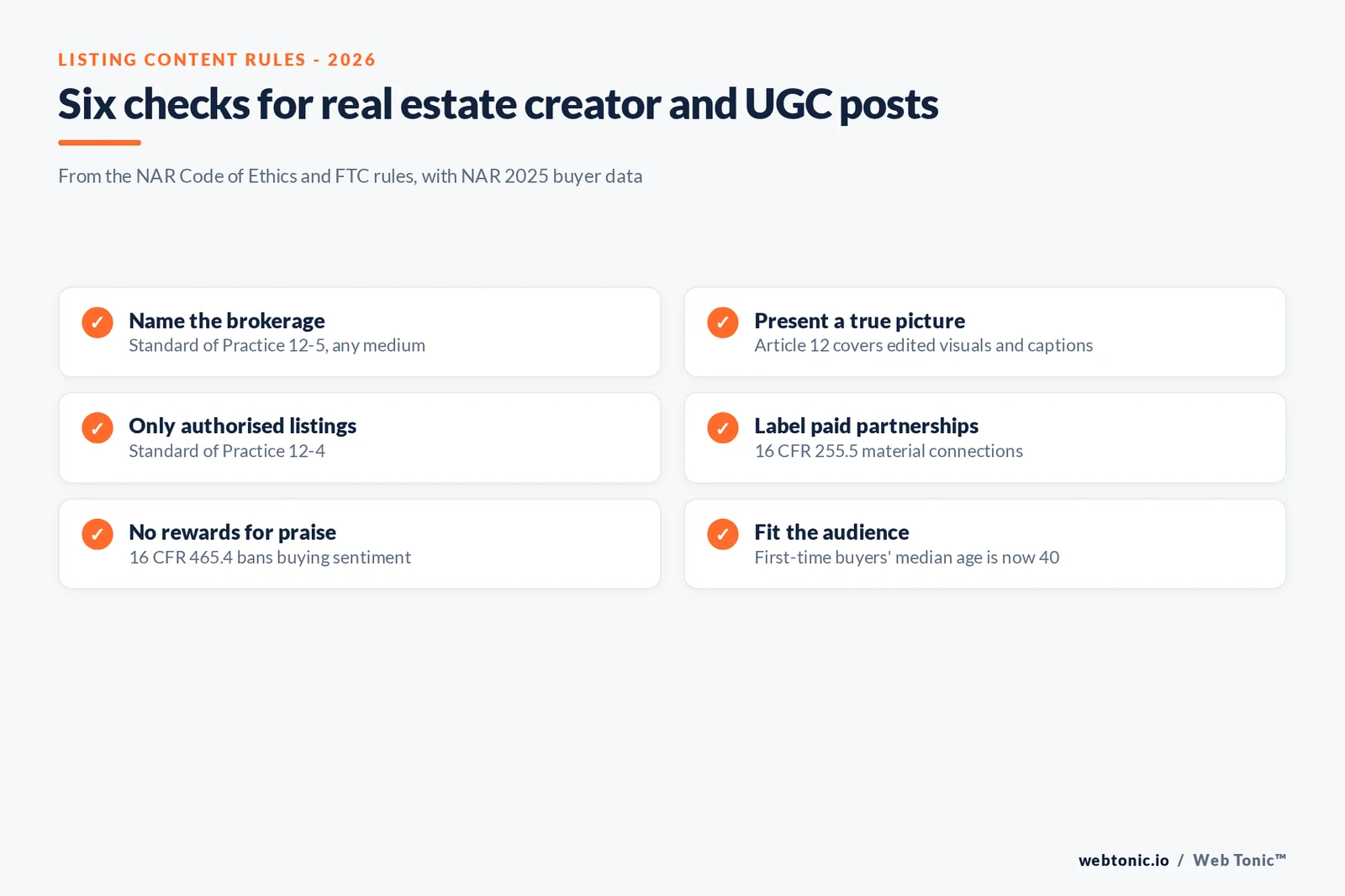 Checklist graphic for real estate creator content covering firm-name disclosure, true-picture visuals, paid-partnership labels and review rules
