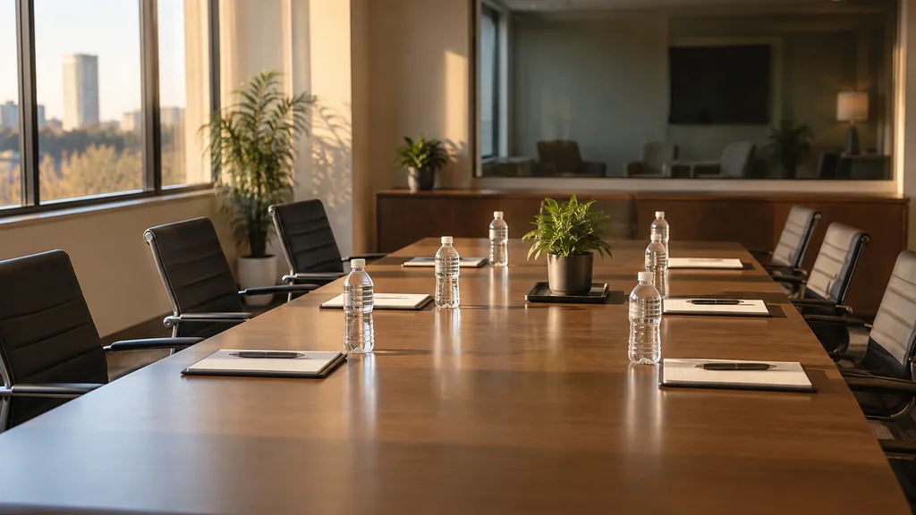 Research setting for a Dallas market research agency: a focus group room with a long table, empty chairs, a one-way mirror, notepads and bottled water under warm Texas afternoon light