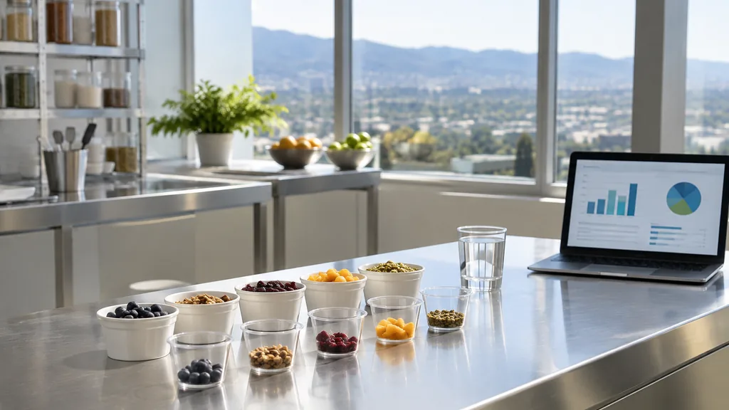 Research setting for a Denver market research agency: a research studio with a sensory test kitchen counter, small tasting cups, a laptop with survey charts and clear high-altitude daylight