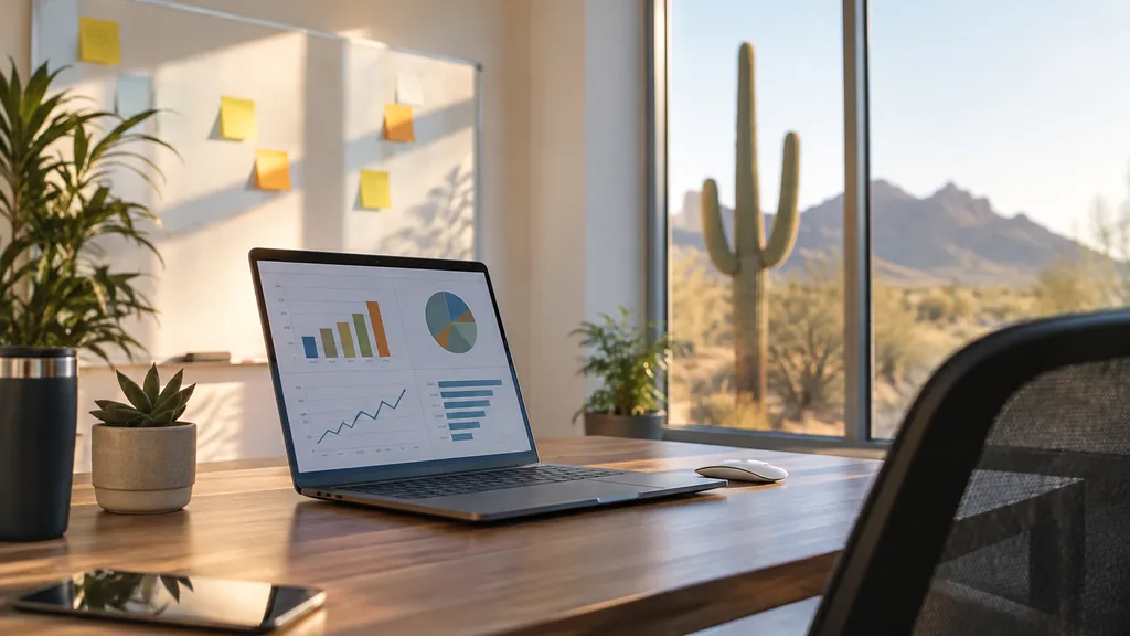 Research setting for a Phoenix market research agency: a bright research office with a laptop showing survey charts, a whiteboard with sticky notes, a desert plant and golden Arizona light
