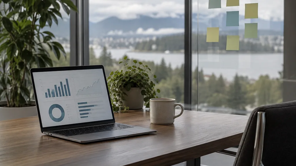 Research setting for a Seattle market research agency: a calm insights studio with a laptop showing charts, sticky notes on a glass wall, a coffee cup and soft grey Pacific Northwest daylight